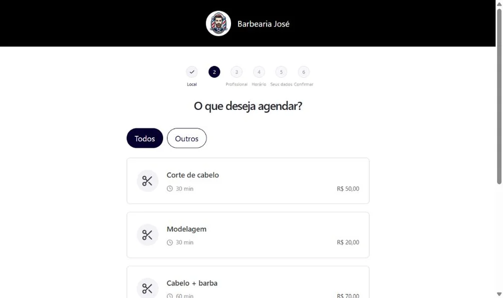 Tela real do Agenda Fácil com serviços da barbearia de demonstração e opções de agendamento